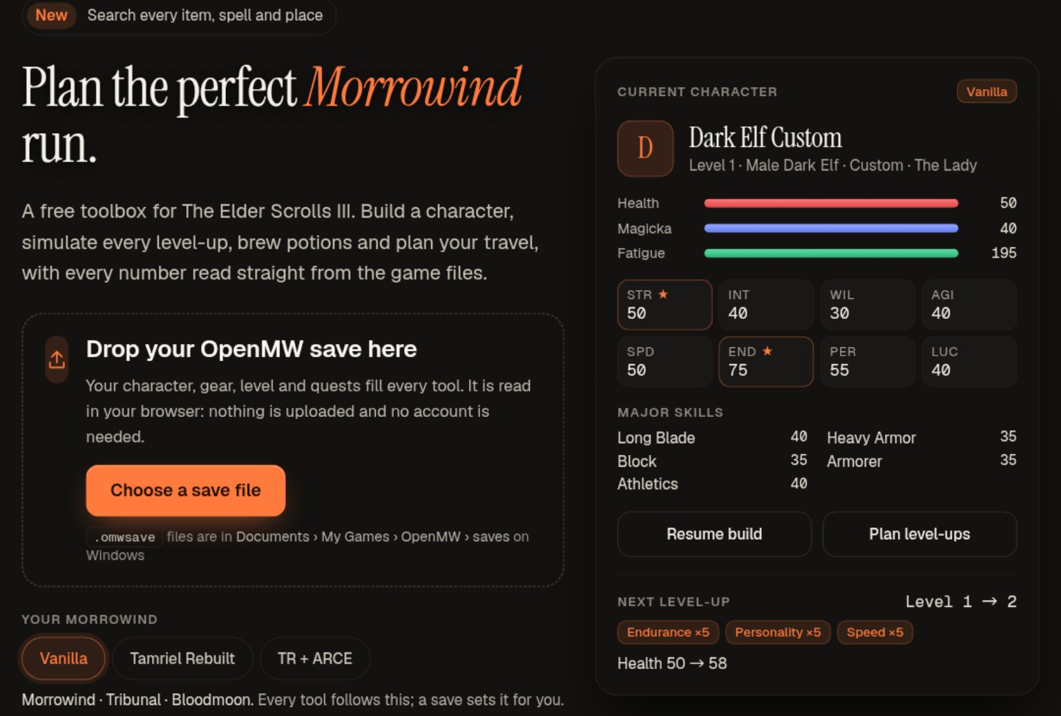 Silt Strider Tools product screenshot showing the Morrowind helper interface